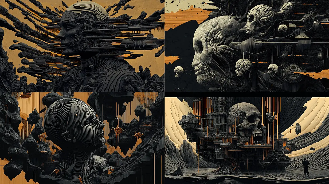 Surreal Dusk Dreamscape in Monochromatic Sepia - Midjourney sref style