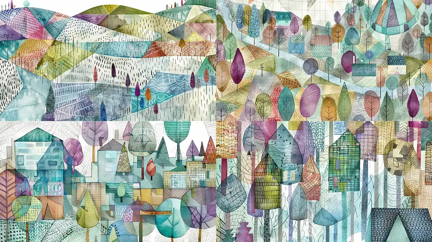Whimsical Landscape Illustrations with Geometric Shapes and Soft Textures - Midjourney sref style
