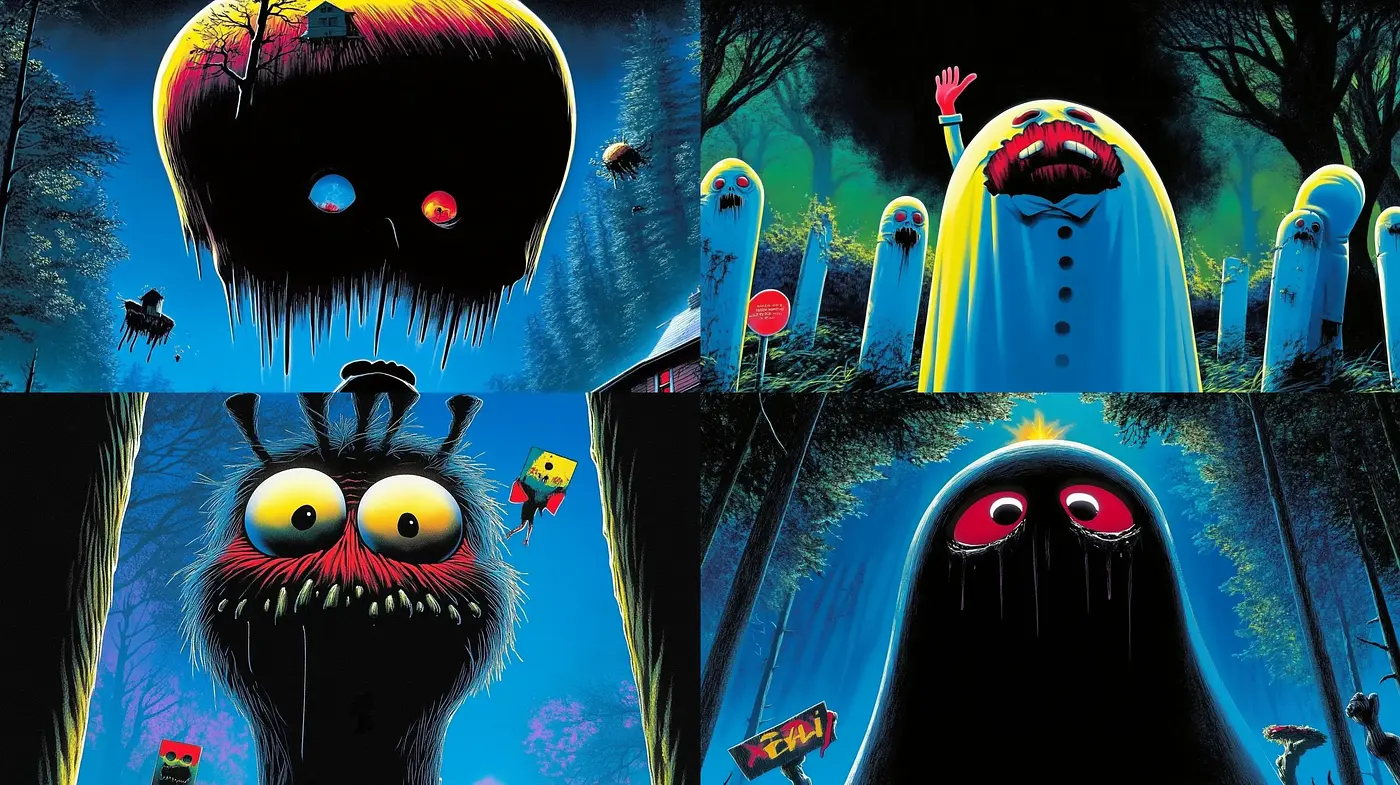 Surreal Nightscapes with Luminous Contrasts and Whimsical Horrors - Midjourney sref style
