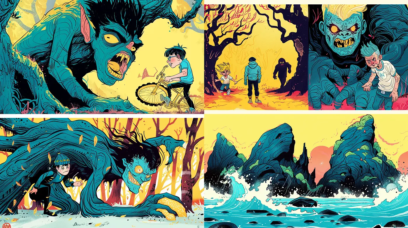 Dynamic Comic Book Illustrations with a Bold Color Narrative - Midjourney sref style