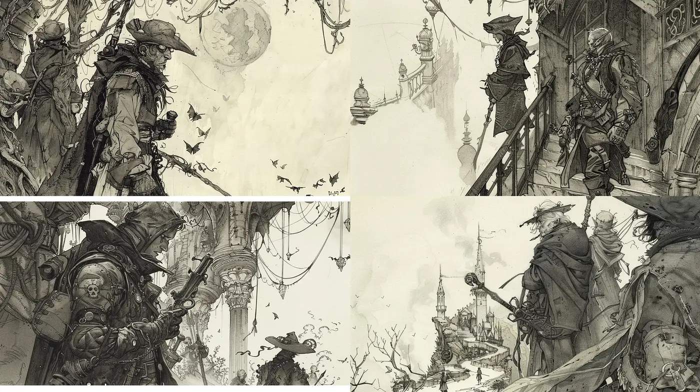 Intricate Sepia-Toned Fantasy Illustration Ensemble - Midjourney sref style