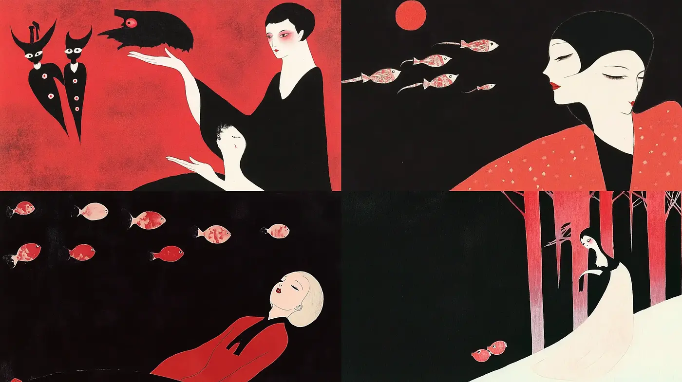 Elegant Simplicity in Stylized Red and Black Tableaux - Midjourney sref style