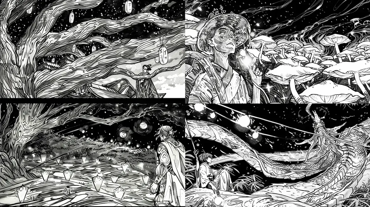 Enchanting monochrome fantasy landscape with intricate details - Midjourney sref style