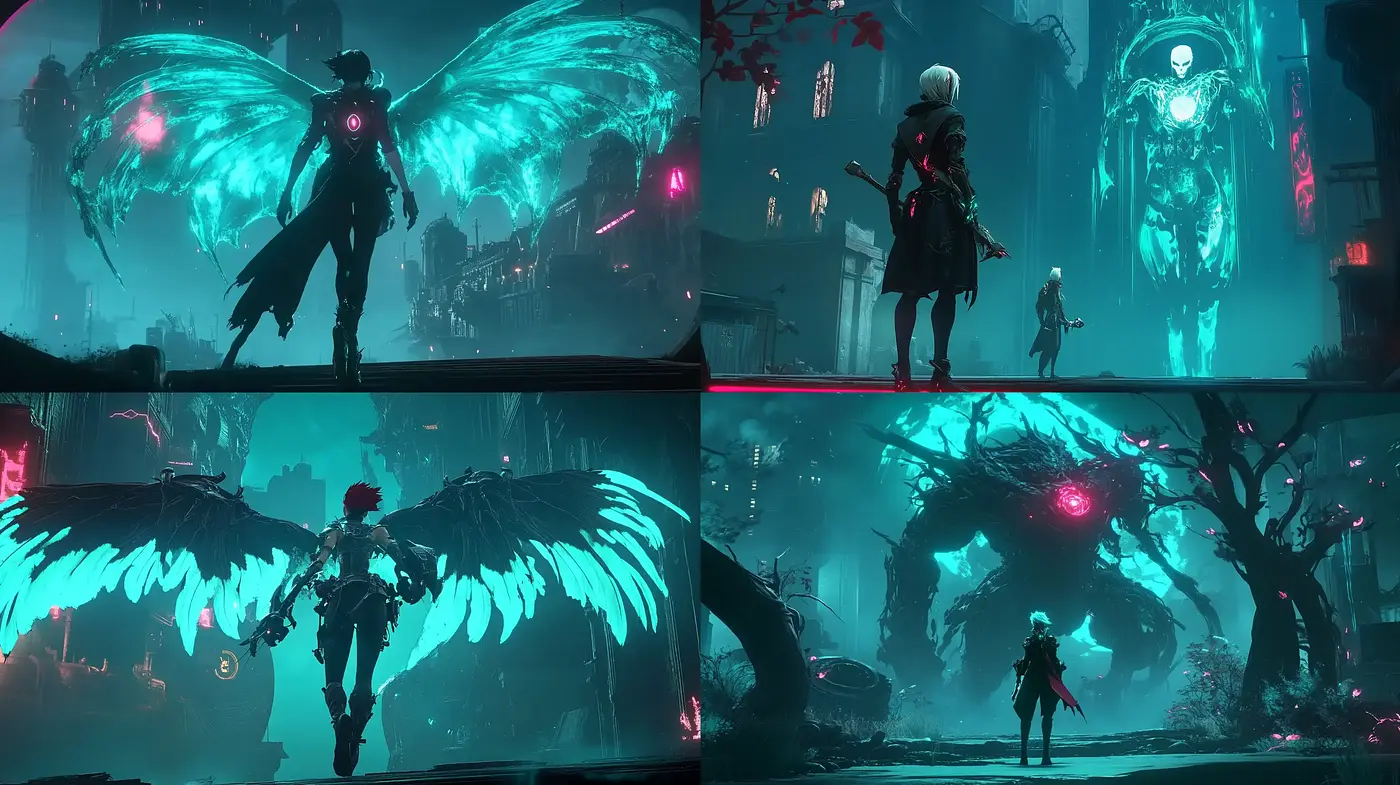 Ethereal Neon Dreamscape: A Fusion of Cyberpunk and Fantasy Art - Midjourney sref style