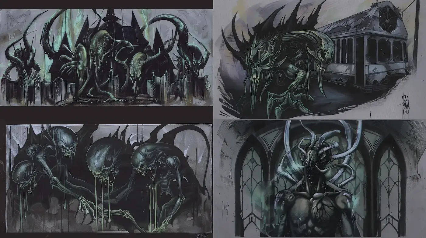 Dark, surrealistic horror art with strong abstract elements - Midjourney sref style