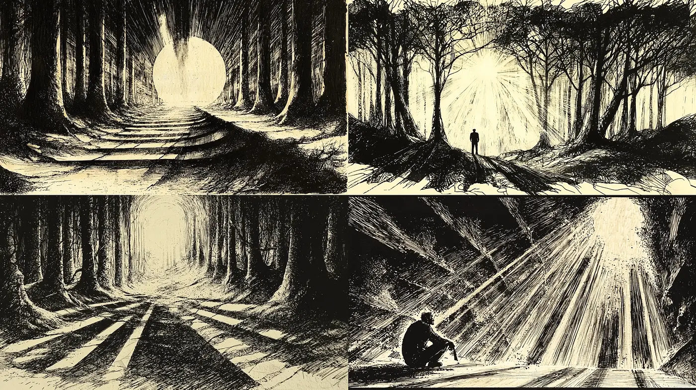Enigmatic Twilight: Expressive Textured Monochrome Woodland Scenes - Midjourney sref style
