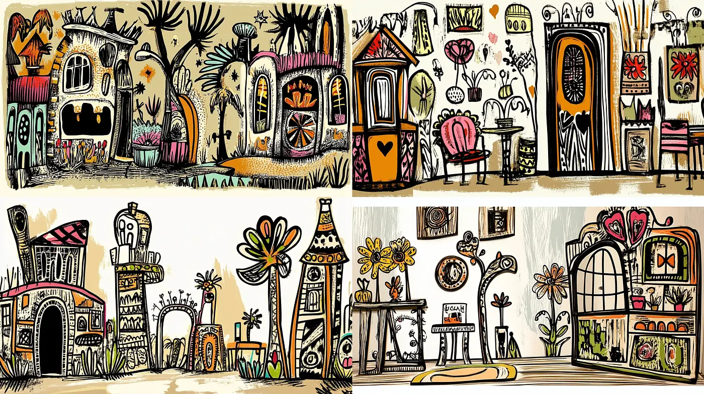 Eclectic Ink Fantasia: A Fusion of Whimsical Structures and Playful Textures - Midjourney sref style
