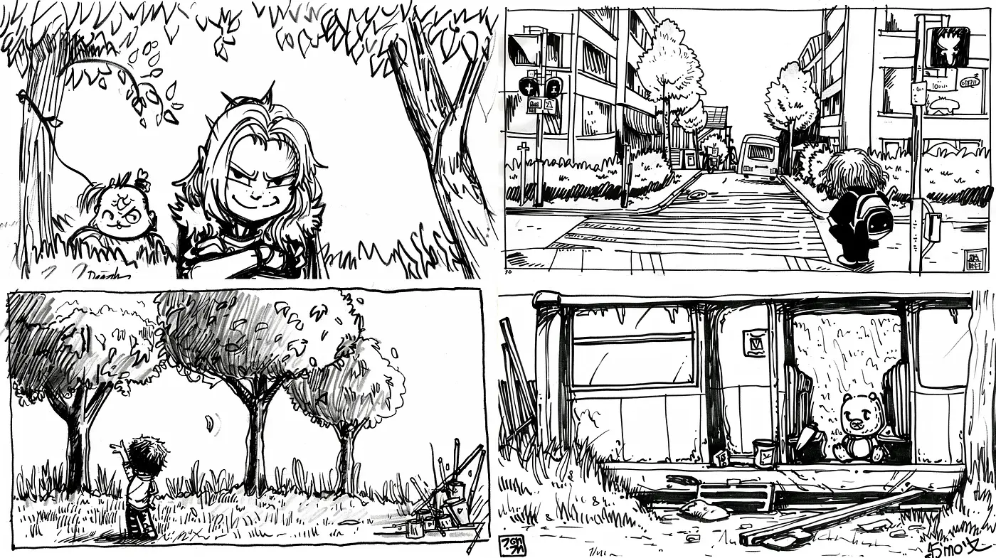 Monochromatic Ink-drawn Vignettes with a Modern Whimsical Twist - Midjourney sref style