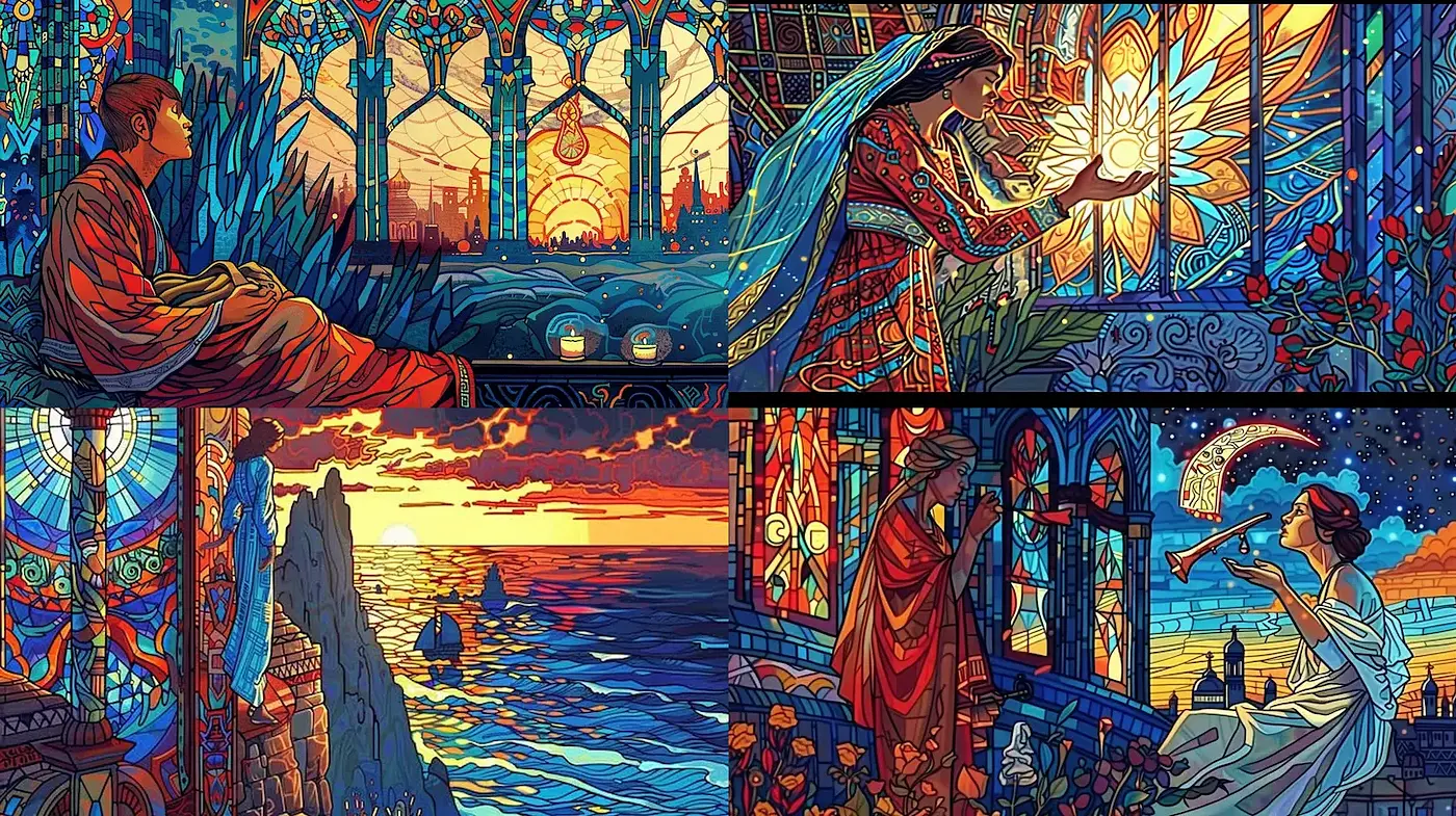 A Symphony of Colorful Stained Glass Influences - Midjourney sref style