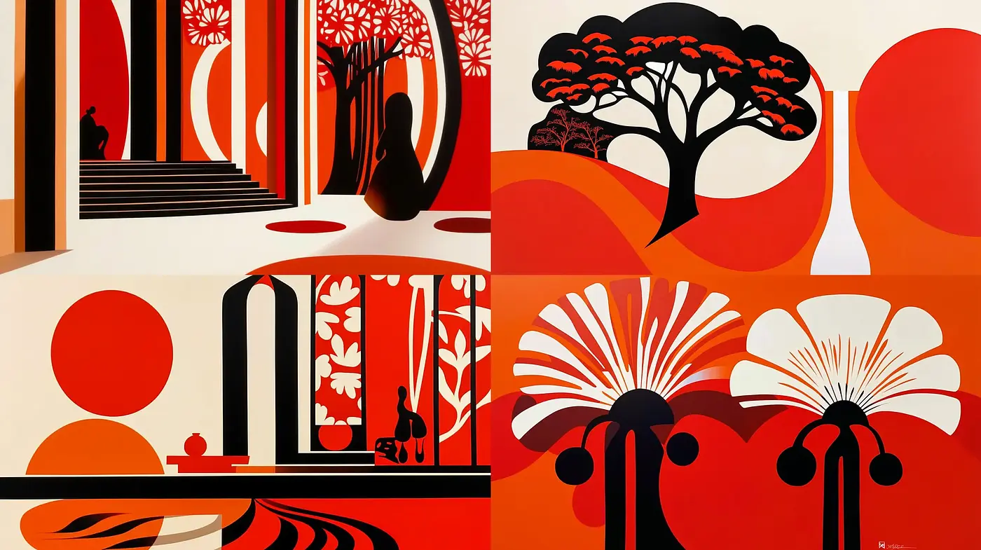 Contours of Serenity: A Red and White Exploration of Stylized Botanical Harmony - Midjourney sref style