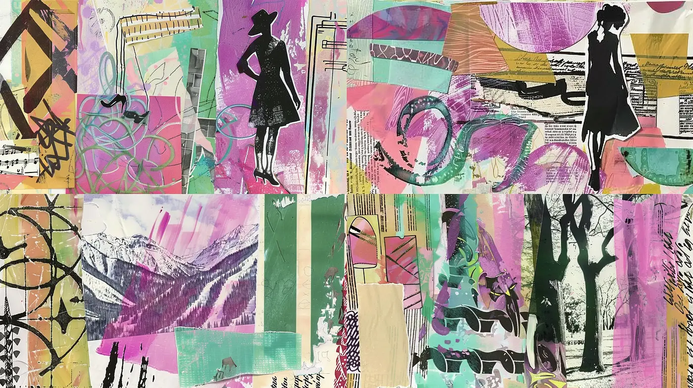 Eclectic Collage of Expressive Brush Strokes and Patchwork Patterns - Midjourney sref style
