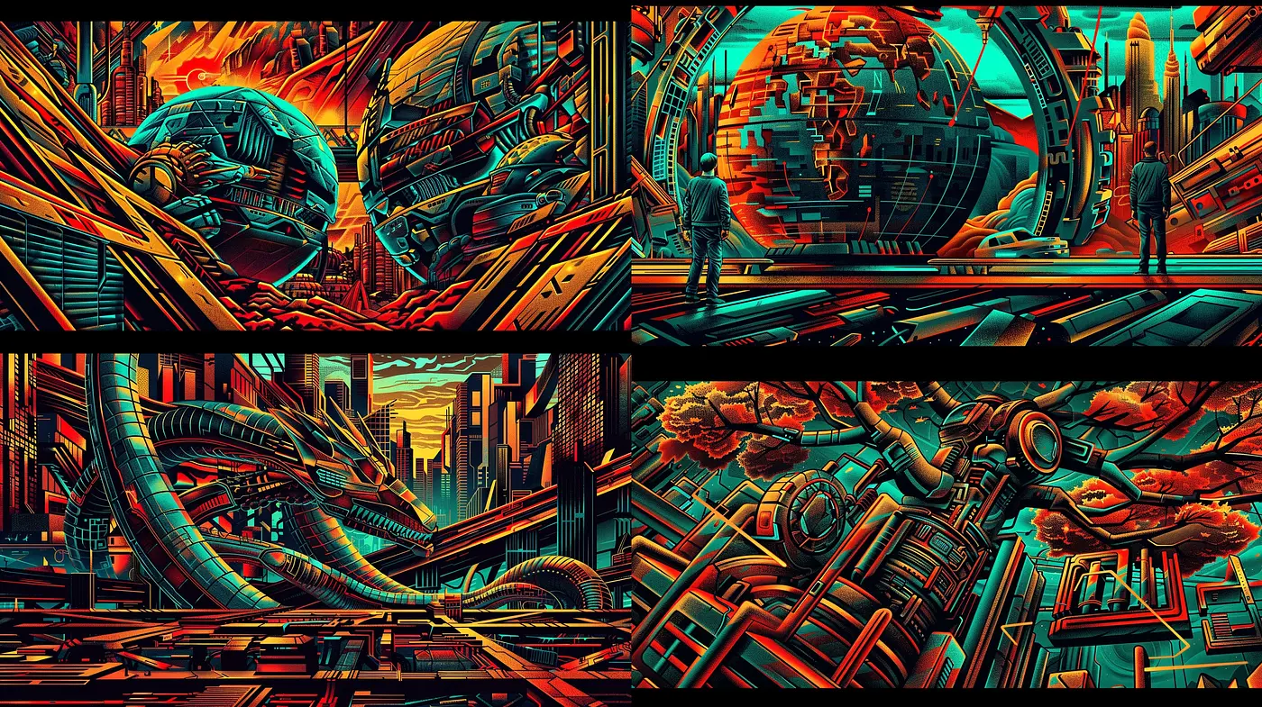 Futuristic Synthwave Dreamscape: A Neon Drenched Cybernetic World - Midjourney sref style
