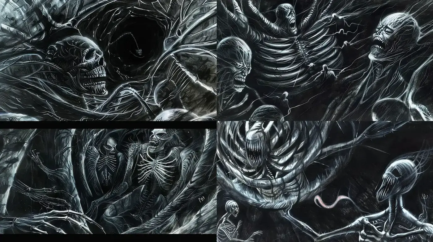 Ethereal Phantasmagoria in Monochrome Etching - Midjourney sref style