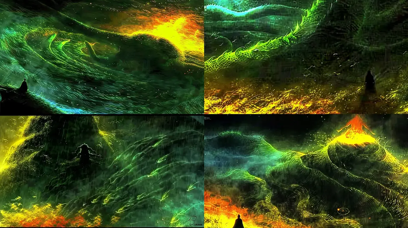 Ethereal landscapes with dynamic energy flows and vivid contrasts - Midjourney sref style