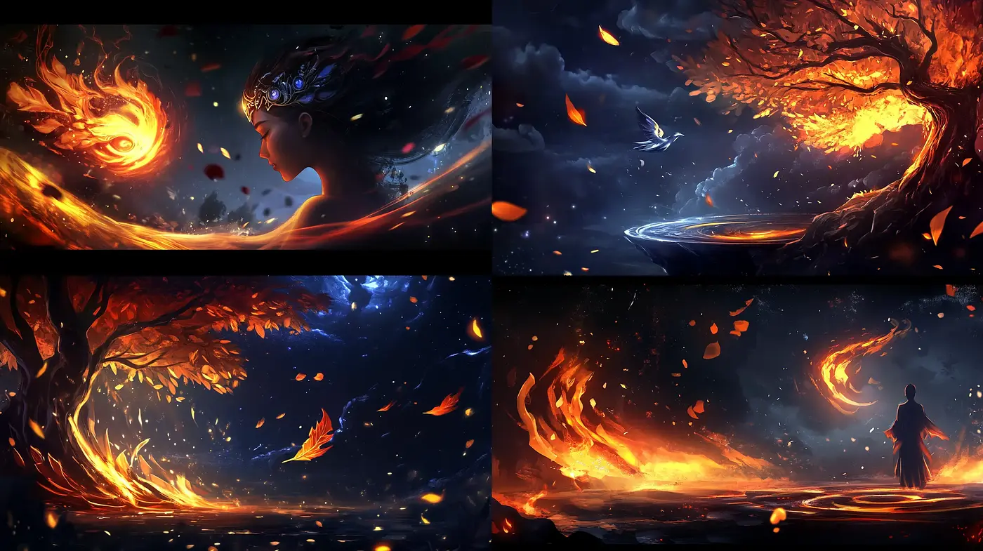 Fiery Elegance: A Vivid Dance of Warm Hues and Surreal Visions - Midjourney sref style