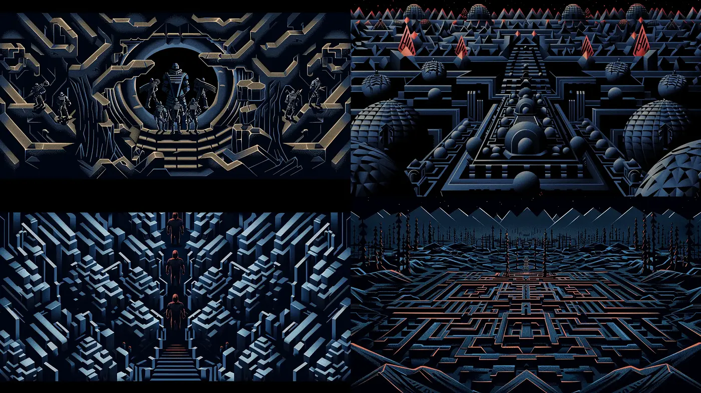 Futuristic Labyrinthine Visions in Neon and Onyx Tones - Midjourney sref style
