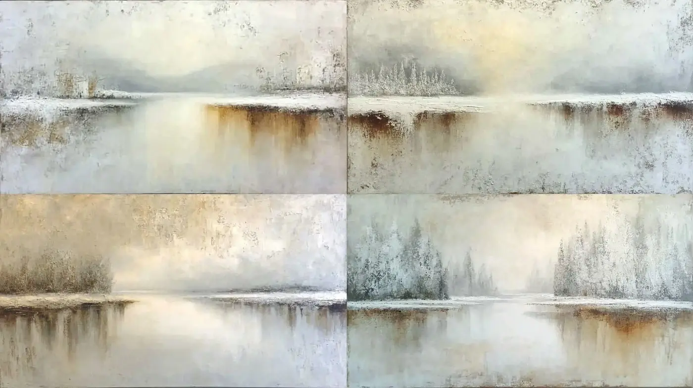 Serene Landscapes with Ethereal Quality and Textured Depth - Midjourney sref style