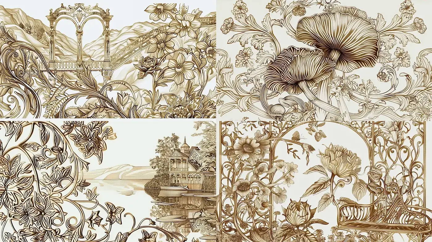 Sepia-Toned Botanical Elegance with Ornate Art Nouveau Influences - Midjourney sref style