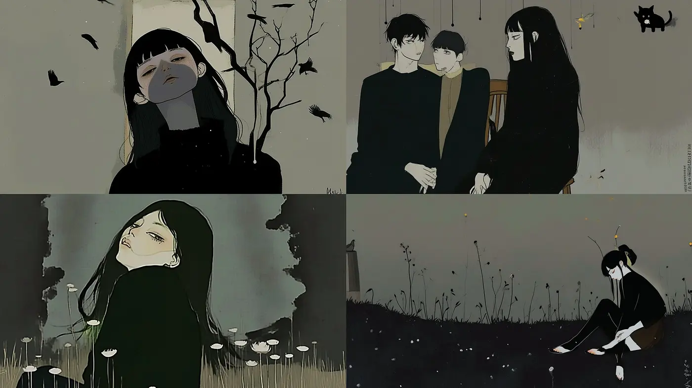 Muted Elegance: A Consistent Exploration of Somber Manga-inspired Serenity in Contemporary Art - Midjourney sref style