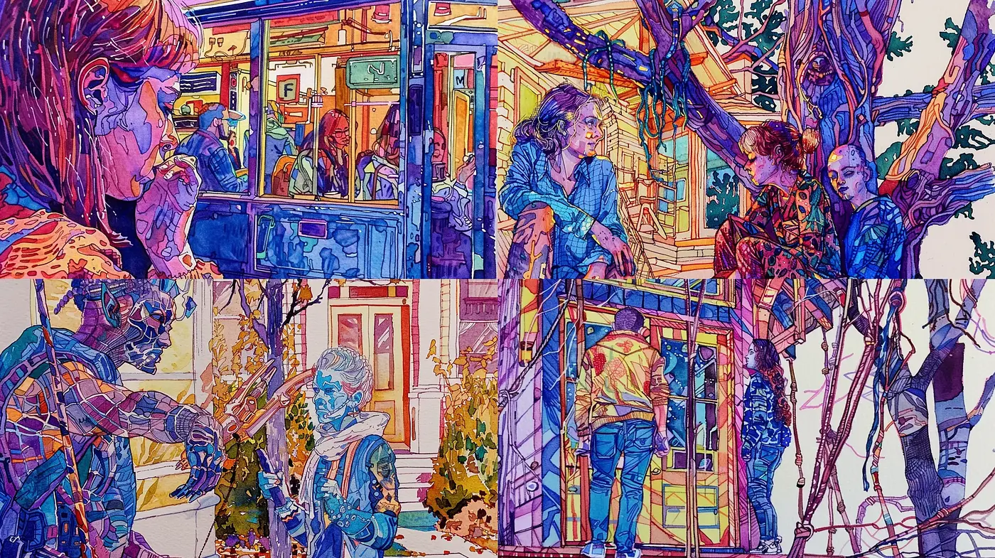 Psychedelic Contour Harmony: A Meld of Vibrant Hues and Bold Outlines - Midjourney sref style