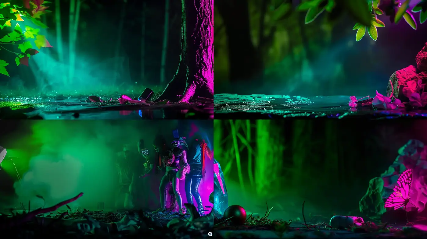 Surreal Neon Wilderness: An Intertwine of Fluorescent Flora and Ethereal Gloom - Midjourney sref style