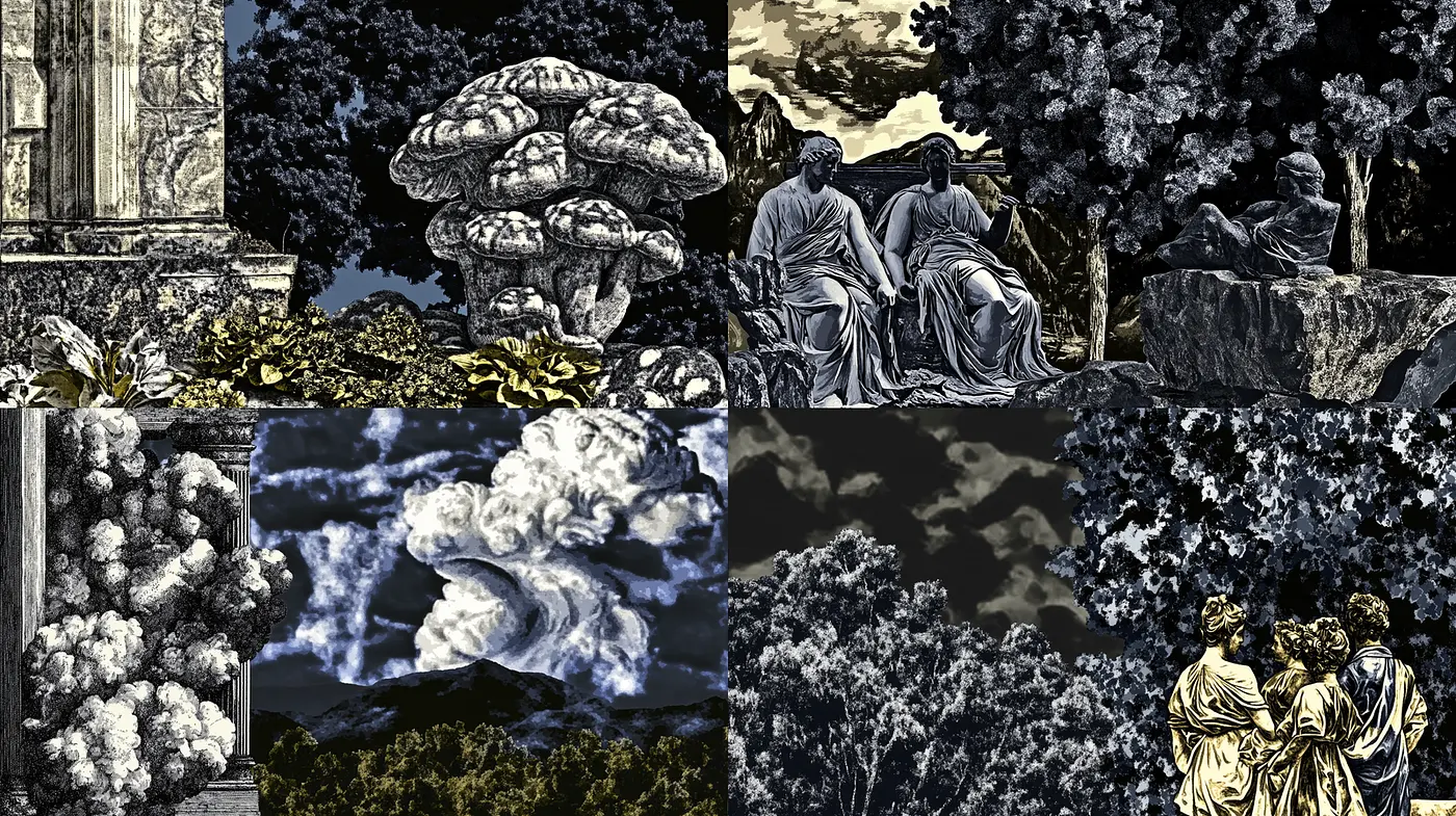 Classic Theatrical Composition with Surrealistic Elements and Dramatic Contrast - Midjourney sref style