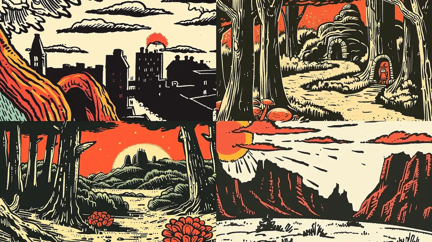 Sunset Hues within Engraved Contours: A Consistent Vintage Linocut Aesthetic - Midjourney sref style