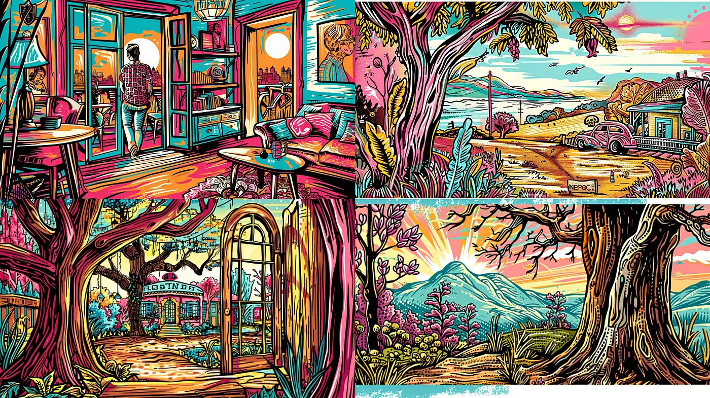 Psychedelic Reverie: A Vivid Tableau of Linework and Nostalgic Hues - Midjourney sref style