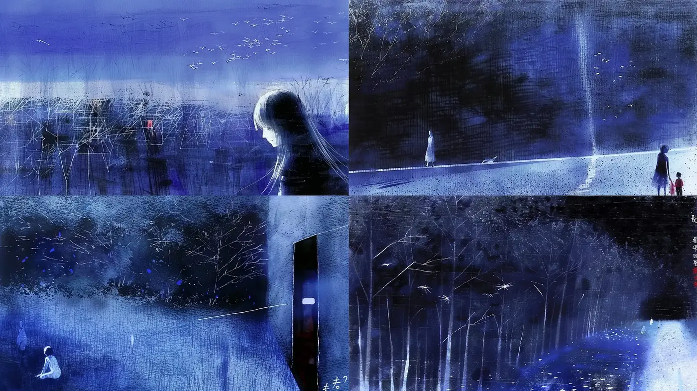 Ethereal Nocturne Canvas: A Study in Midnight Blue Textures and Hues - Midjourney sref style