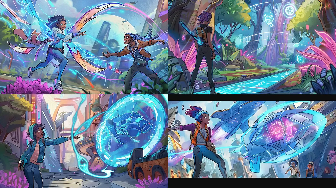 Energetic and Luminous Digital Illustration Fusion with a Fantasy Sci-Fi Blend - Midjourney sref style