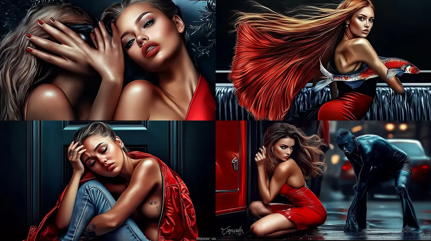 Sultry Elegance in Vivid Crimson: A Fusion of Hyperrealism and Cinematic Drama - Midjourney sref style
