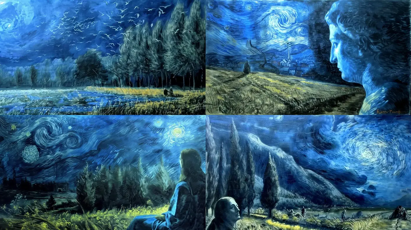 Starry Night Dreamscape in Monochromatic Azure Shades - Midjourney sref style