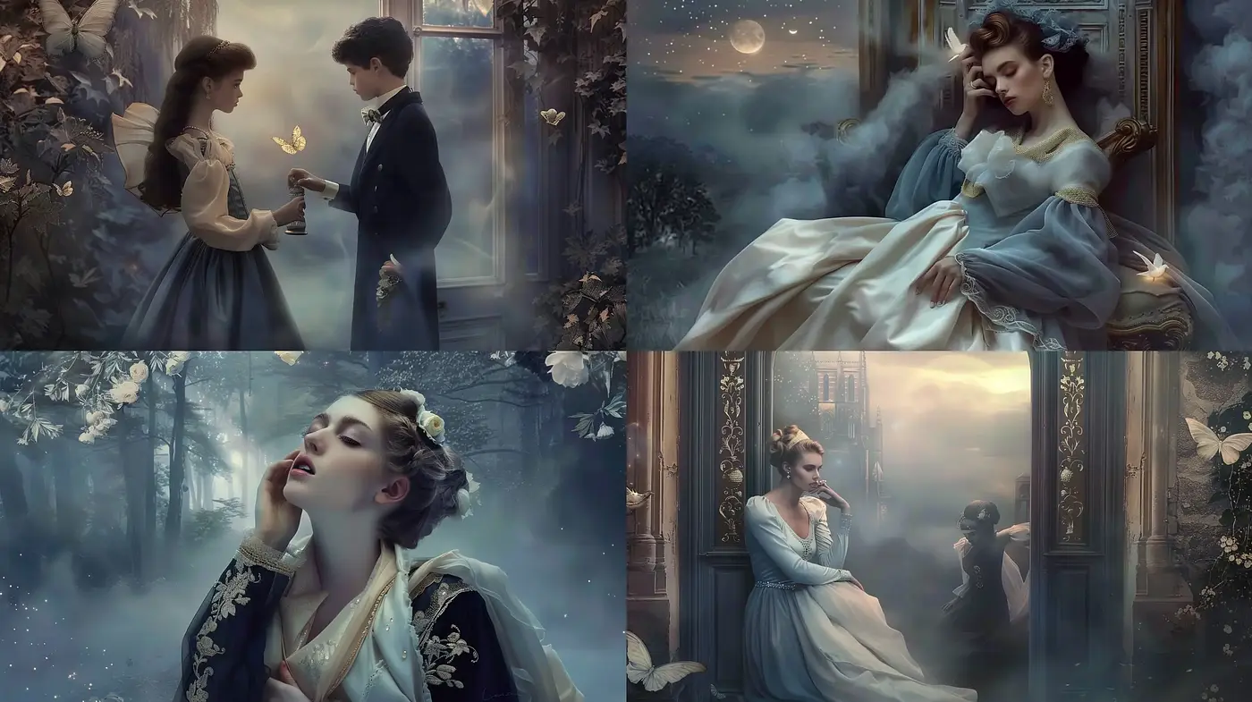 Ethereal Twilight Romance: A Consistent Dreamlike Vision in Soft Blues and Moody Ambience - Midjourney sref style