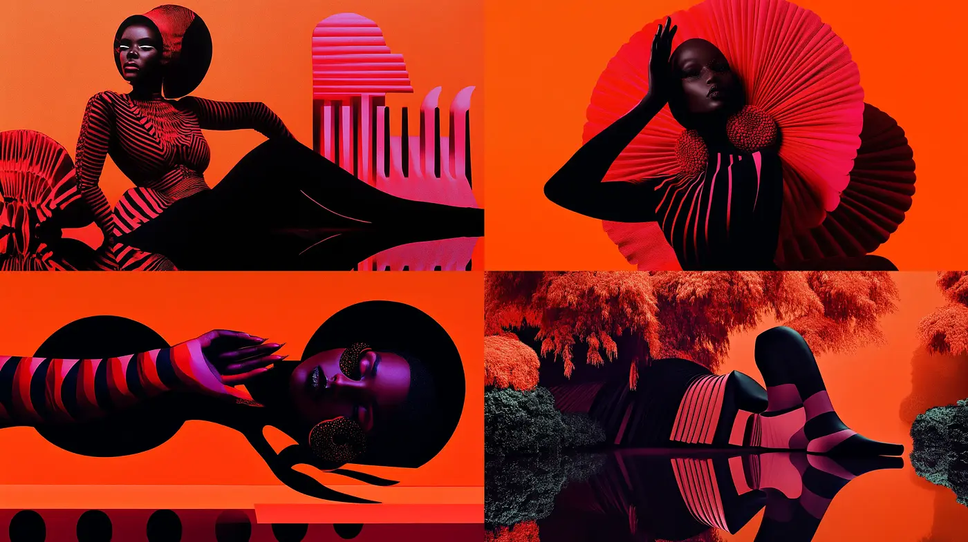 Crimson Silhouettes: A Harmonious Blend of Bold Colors and Contemporary Elegance - Midjourney sref style