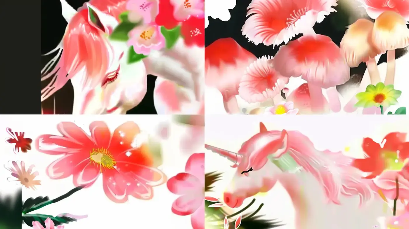 Lush, whimsical illustration with floral elements and mythical creatures - Midjourney sref style