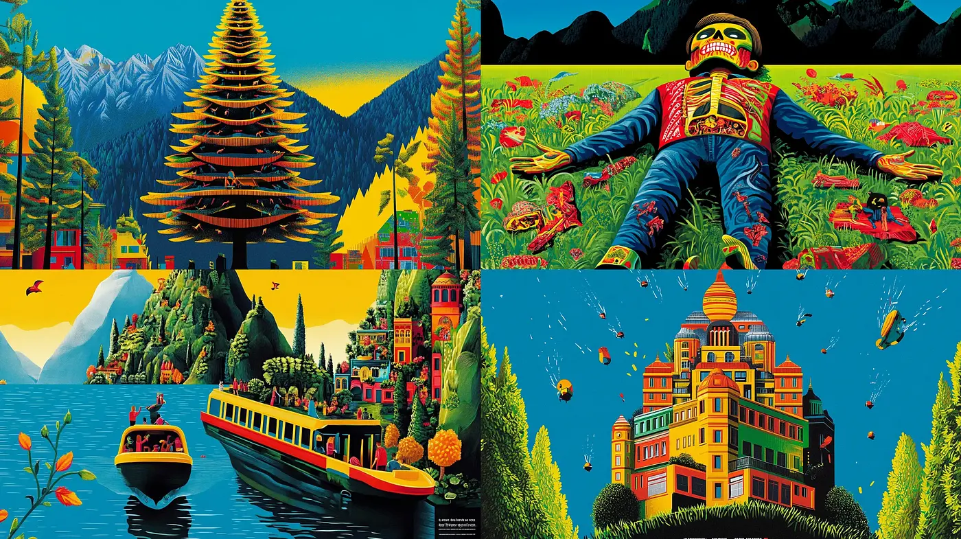 Vibrant Utopian Dreamscape: A Fusion of Surreal Architecture and Lush Nature - Midjourney sref style