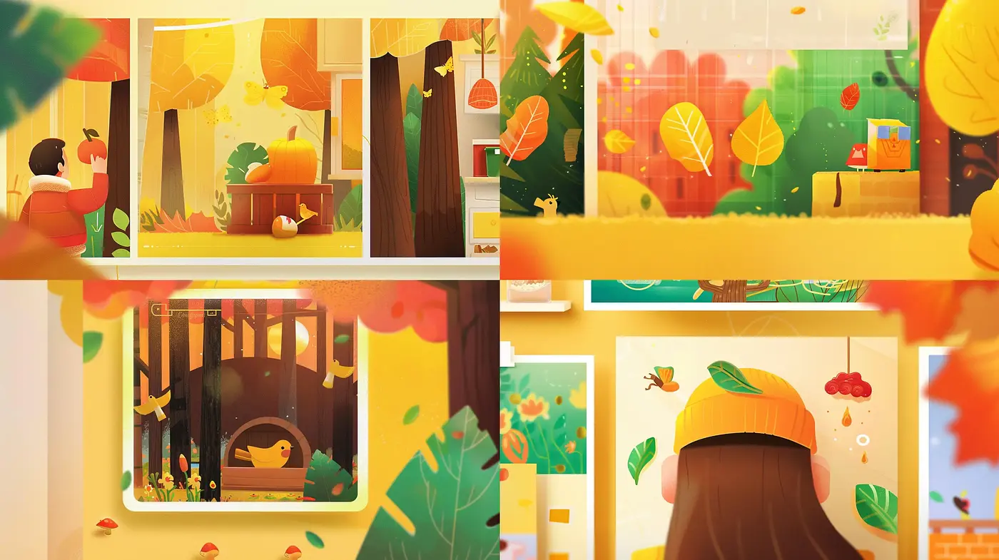 Warm Autumn Hues in Stylized Nature Vignettes - Midjourney sref style