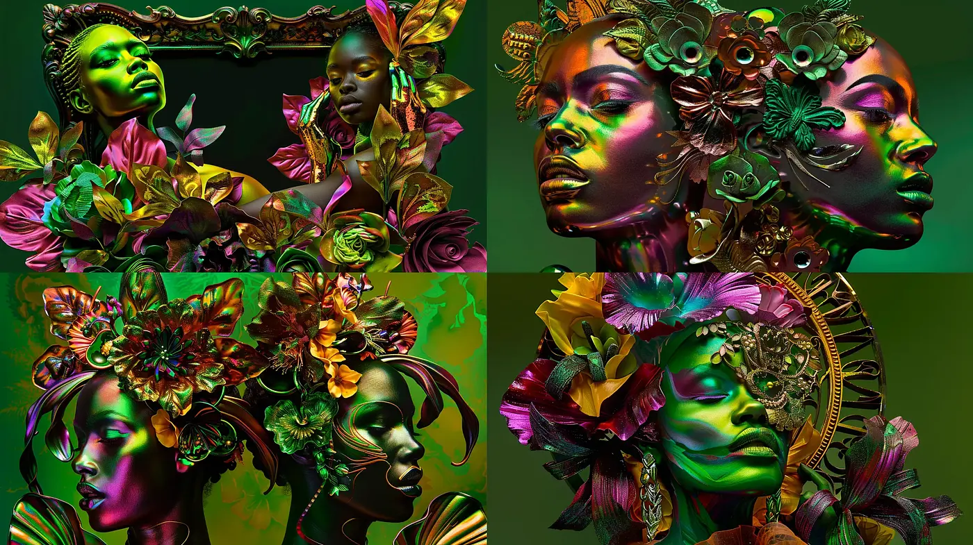 Lush Botanical Dreamscape with Vibrant Metallic Hues - Midjourney sref style