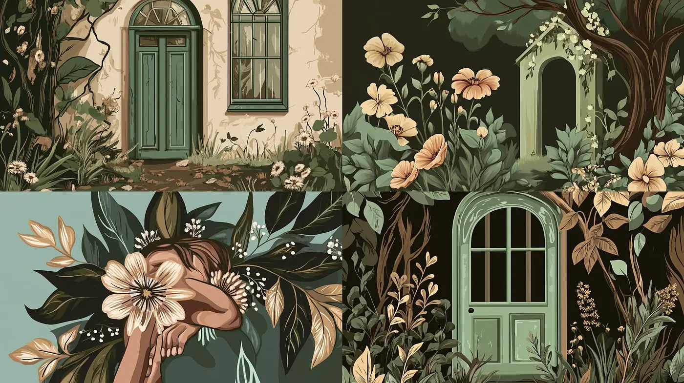 Serene Botanical Illustrations with Earthy Tones and Consistent Floral Motifs - Midjourney sref style