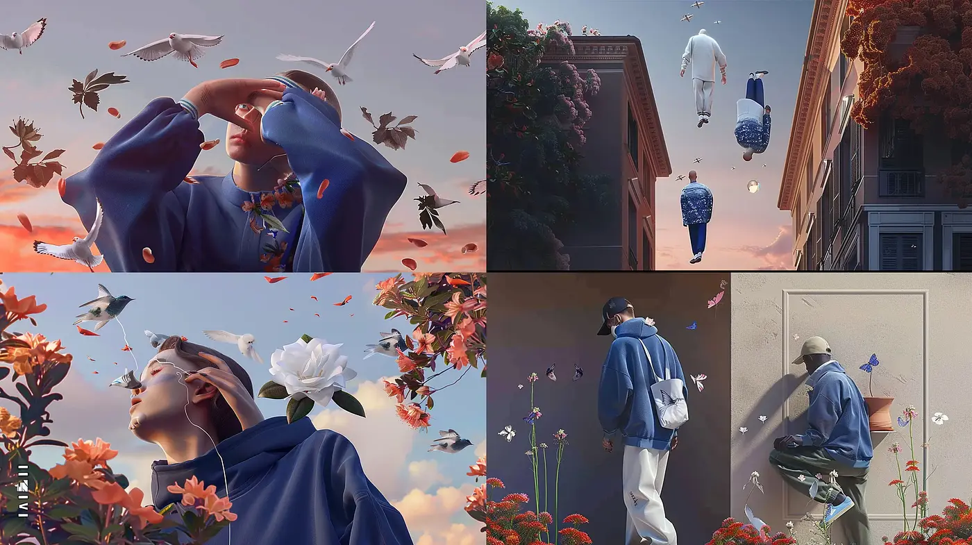 Ethereal Dreamscape with Surreal Blossoms and Levitating Figures - Midjourney sref style