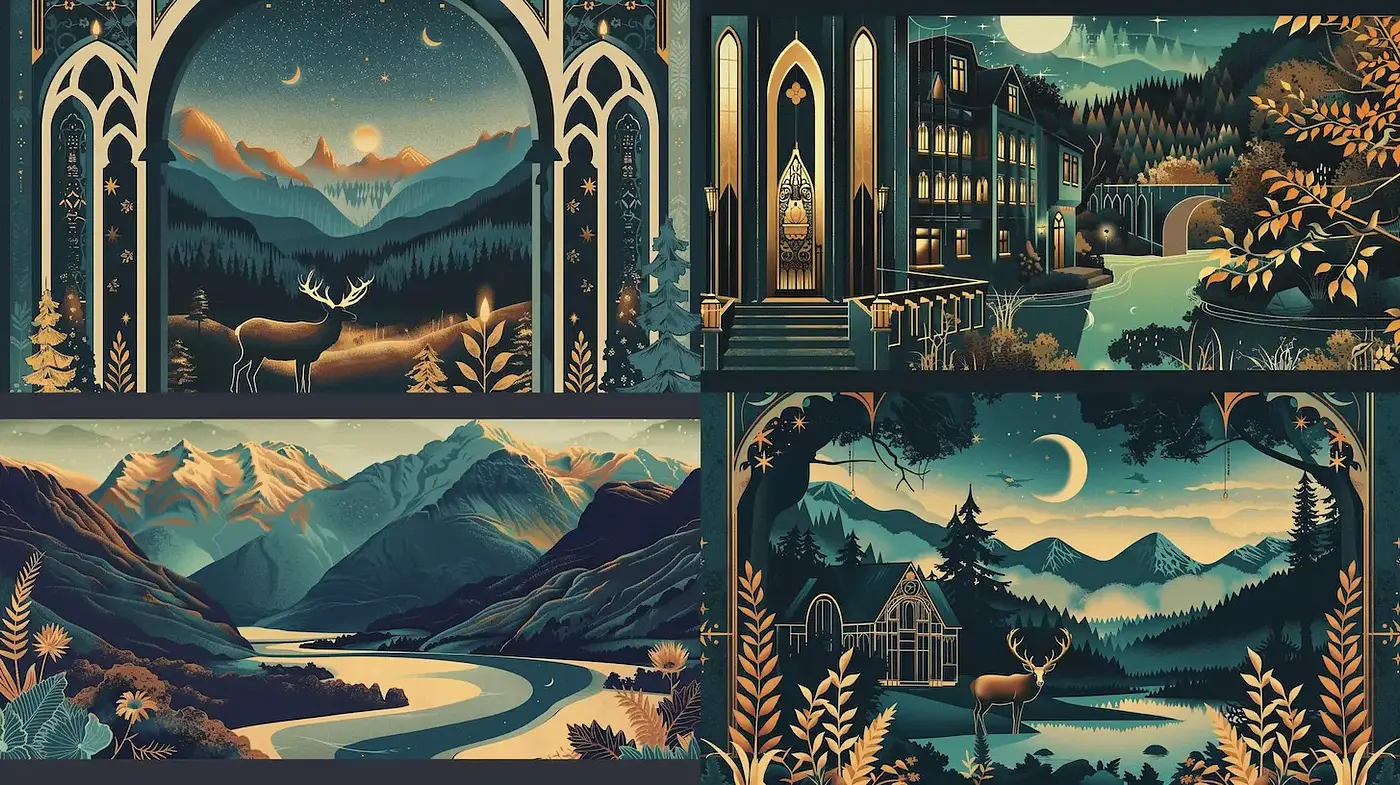 Mystical and Enigmatic Landscape Illustrations with Art Nouveau Elements - Midjourney sref style