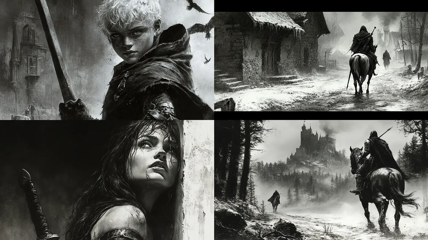 Monochrome Elegy: A Harmonious Blend of Moody Grayscale and Detailed Realism - Midjourney sref style