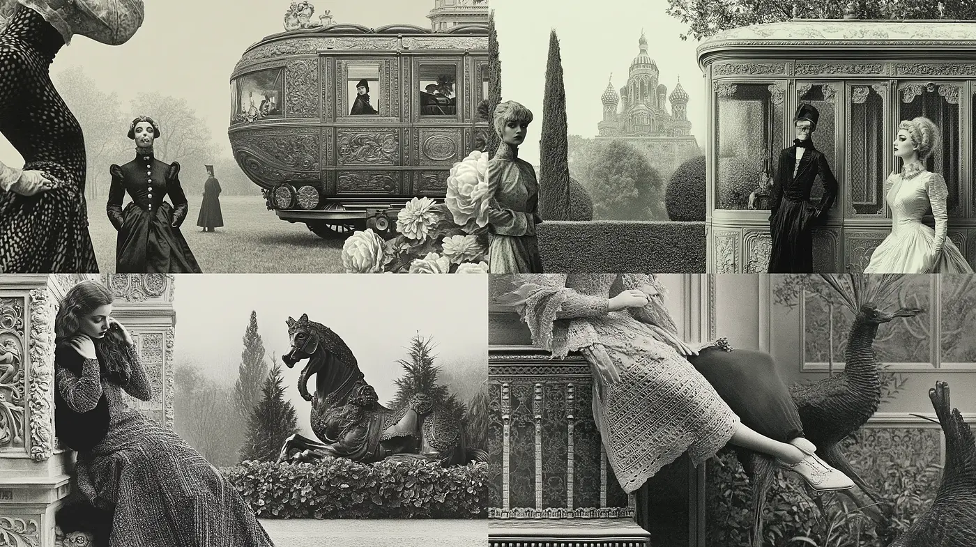 Monochromatic Whimsy Blended with Neo-Victorian Elegance - Midjourney sref style