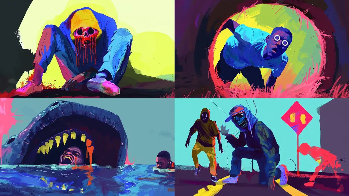 Surreal Neon Narrative: A Vivid Journey Through Stylized Urban Tales - Midjourney sref style