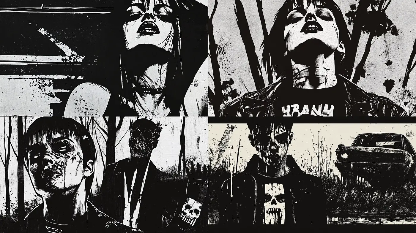 Gritty Noir-Inspired Visual Symphony with Stark Contrast and Textured Detail - Midjourney sref style