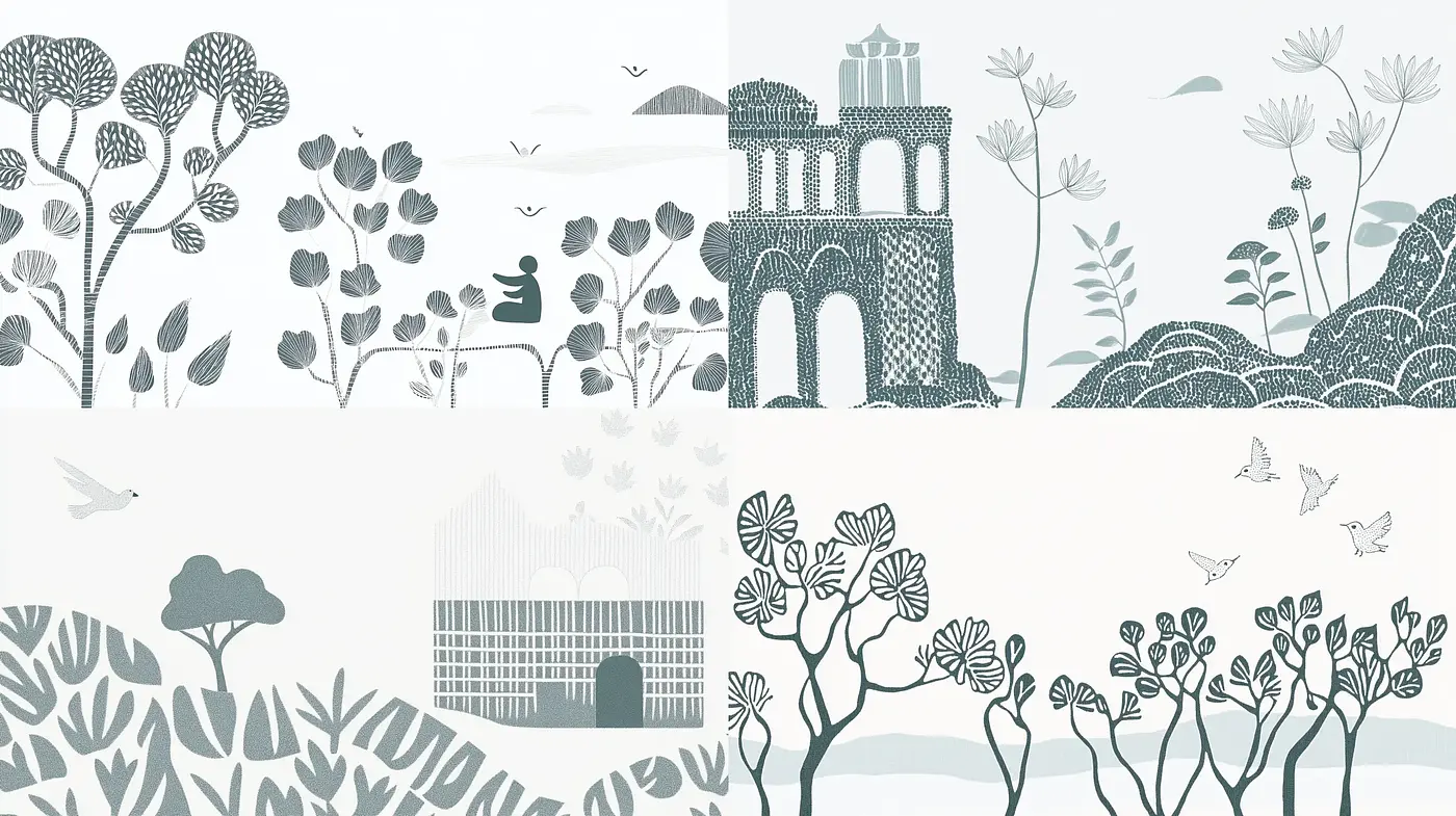 Monochromatic Serenity: Nature and Architecture in Stylized Harmony - Midjourney sref style