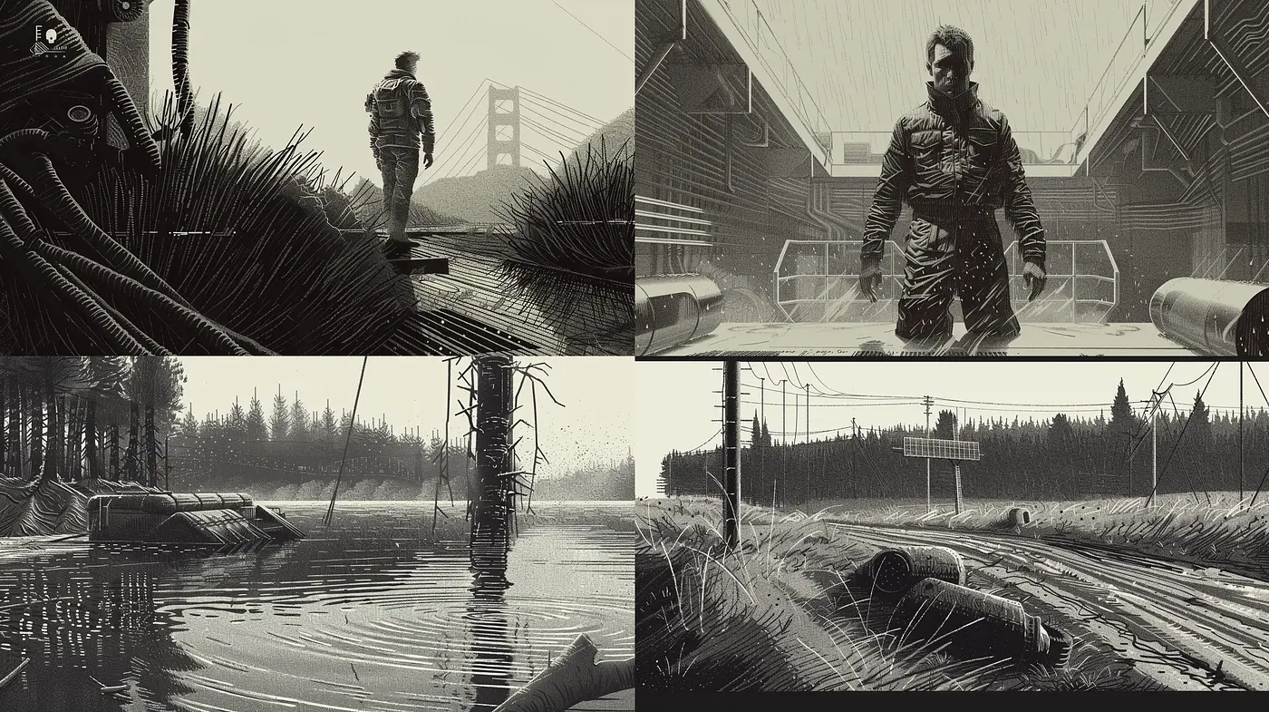Monochromatic Dystopian Visions in Stippled Textures - Midjourney sref style