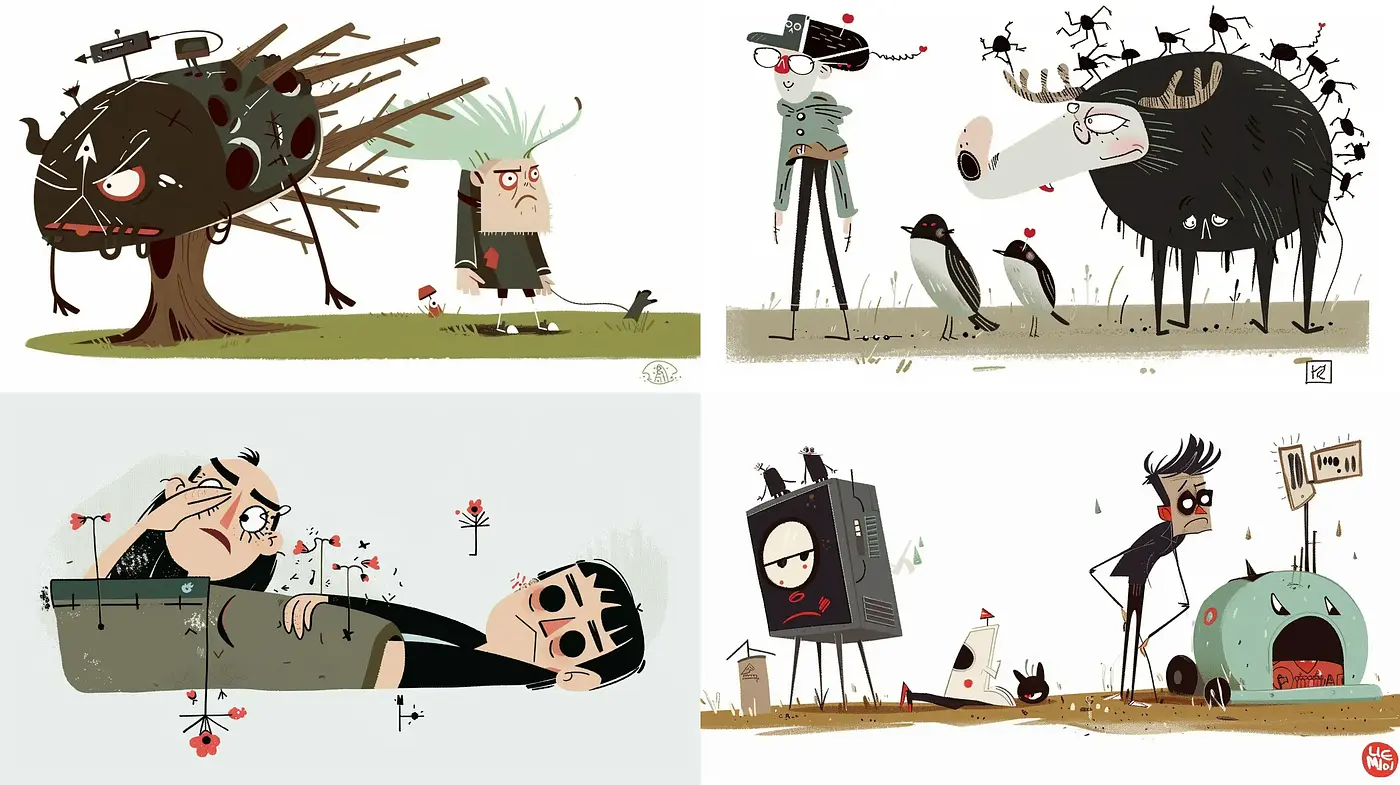 Whimsical Caricatured Surrealism with Satirical Undertones - Midjourney sref style