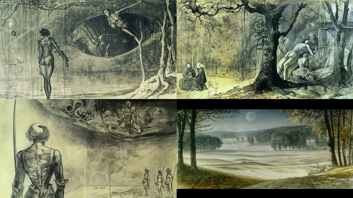 Ethereal Monochromatic Dreamscapes in Pencil-etched Aesthetics - Midjourney sref style