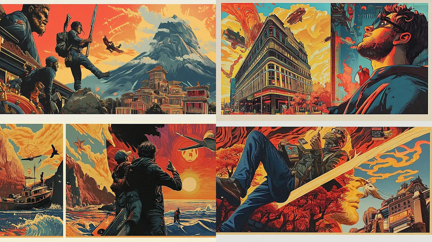 Vibrant and Dramatic Narrative Illustrations with a Retro Feel - Midjourney sref style